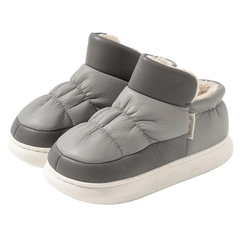 Cotton-padded shoes men's winter indoor home PU leather simple warm thick bottom plus velvet bag heel couple cotton slippers women's outer wear - Image 7