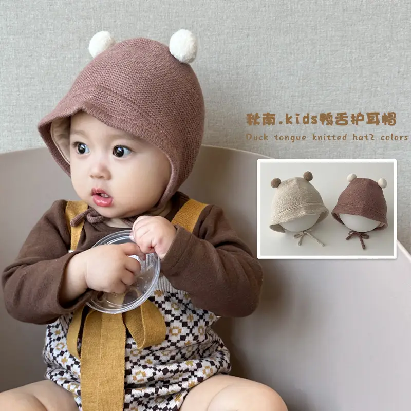 Kids Knitted Earmuffs Hat Brown Bear Ears - Image 2
