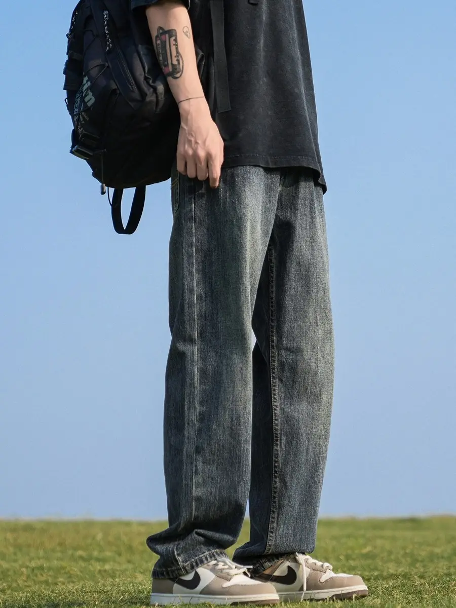 Men Blue Denim Capri Pants Straight Cut Loose Casual
