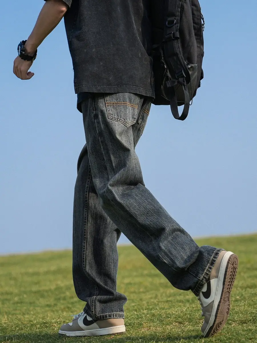 Men Blue Denim Capri Pants Straight Cut Loose Casual