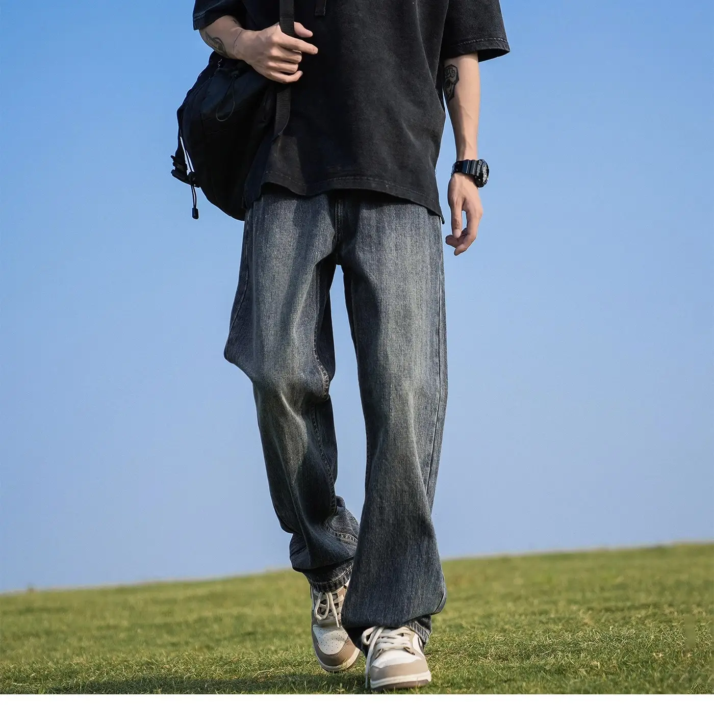 Men Blue Denim Capri Pants Straight Cut Loose Casual — feature 2
