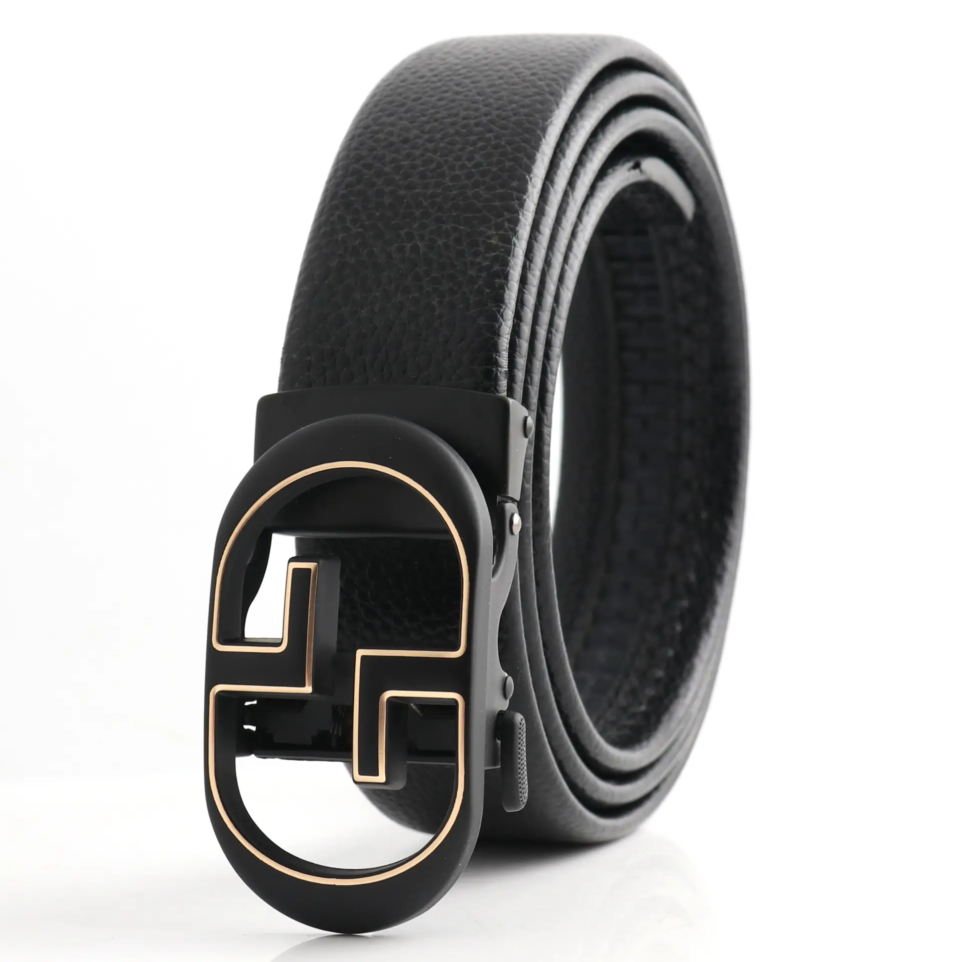 Hongsheng Men's Black Leather Belt with Automatic Buckle