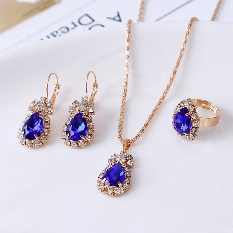 Women's Water Drop Rhinestone Necklace Set Gold Plated — feature 15