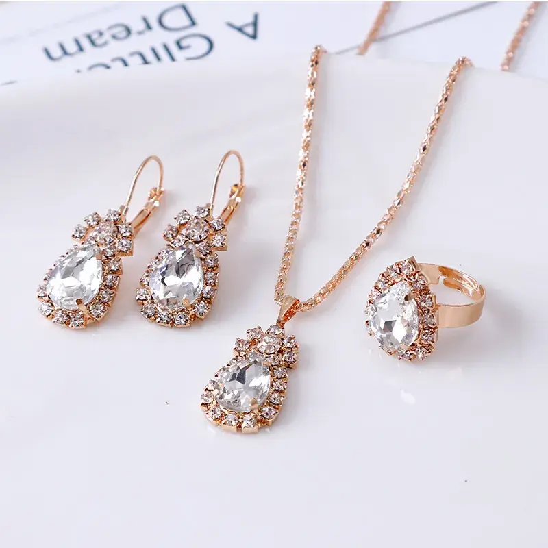 Women's Water Drop Rhinestone Necklace Set Gold Plated
