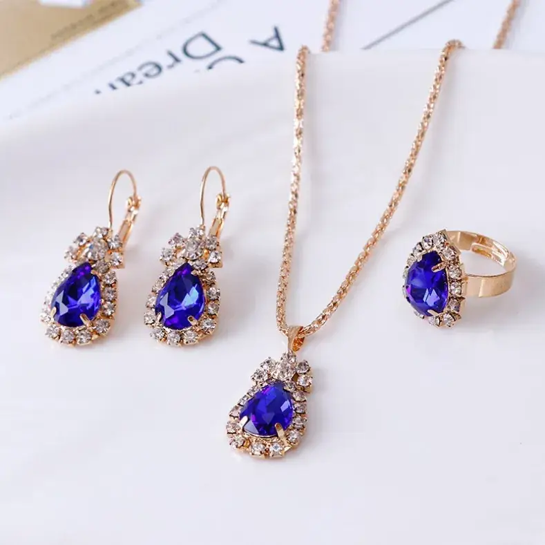 Women's Water Drop Rhinestone Necklace Set Gold Plated