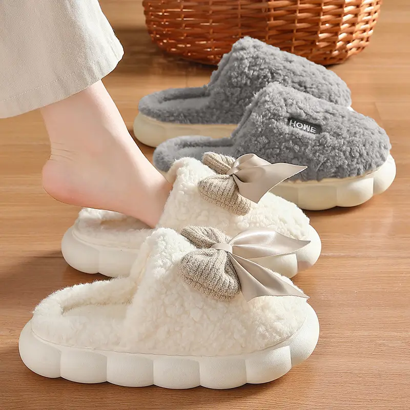 Cotton shoes thick bottom non-slip slippers cotton slippers warm home home men's winter bow confinement shoes cotton slippers women Wholesale - Image 4