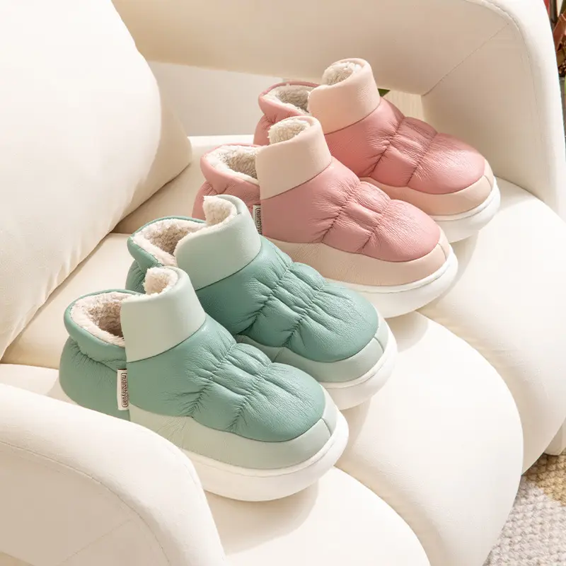 Nanbowan cotton-padded shoes women's winter indoor home PU leather simple warm thick bottom plus velvet bag heel cotton slippers men's wholesale - Image 5