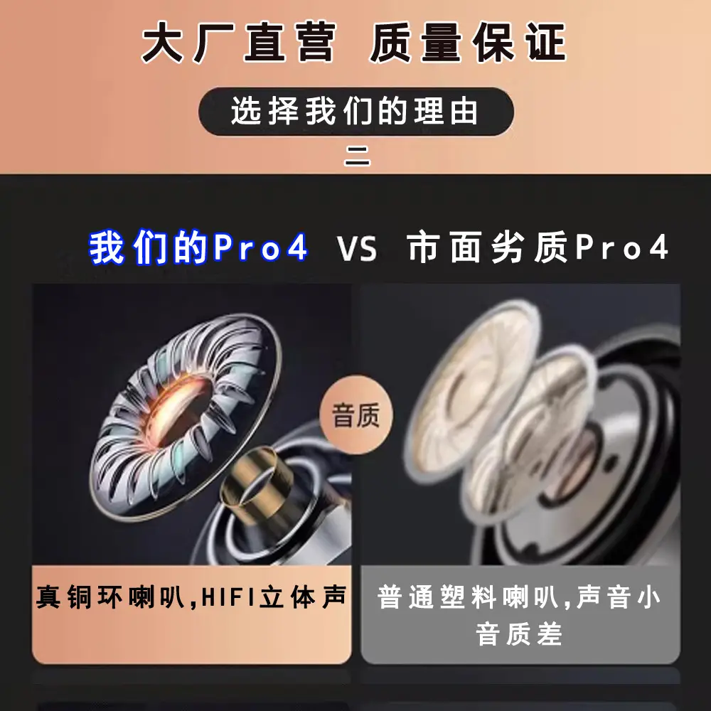 Huaqiangbei High-Quality Pro4 Fourth-Generation Dual-Ear In-Ear Ultra-Long Battery Life True Wireless Bluetooth Earphones Manufacturer Wholesale