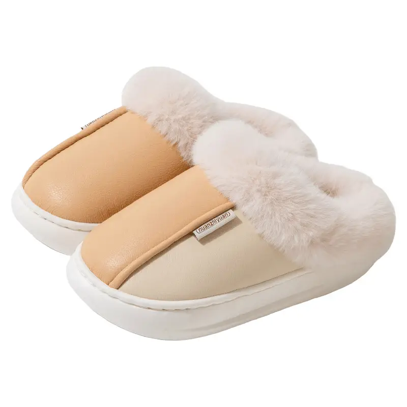 Nanbowan cotton slippers women's winter indoor waterproof PU leather non-slip warm fleece-lined thick furry slippers men - Image 9
