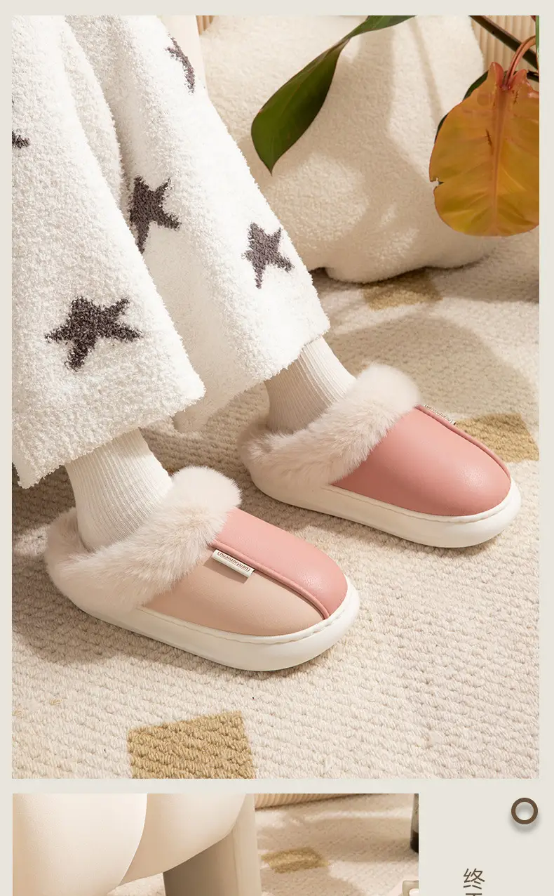 Nanbowan cotton slippers women's winter indoor waterproof PU leather non-slip warm fleece-lined thick furry slippers men — feature 11