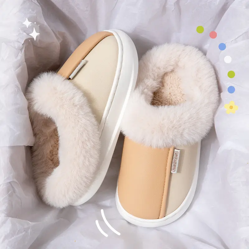 Nanbowan cotton slippers women's winter indoor waterproof PU leather non-slip warm fleece-lined thick furry slippers men - Image 2