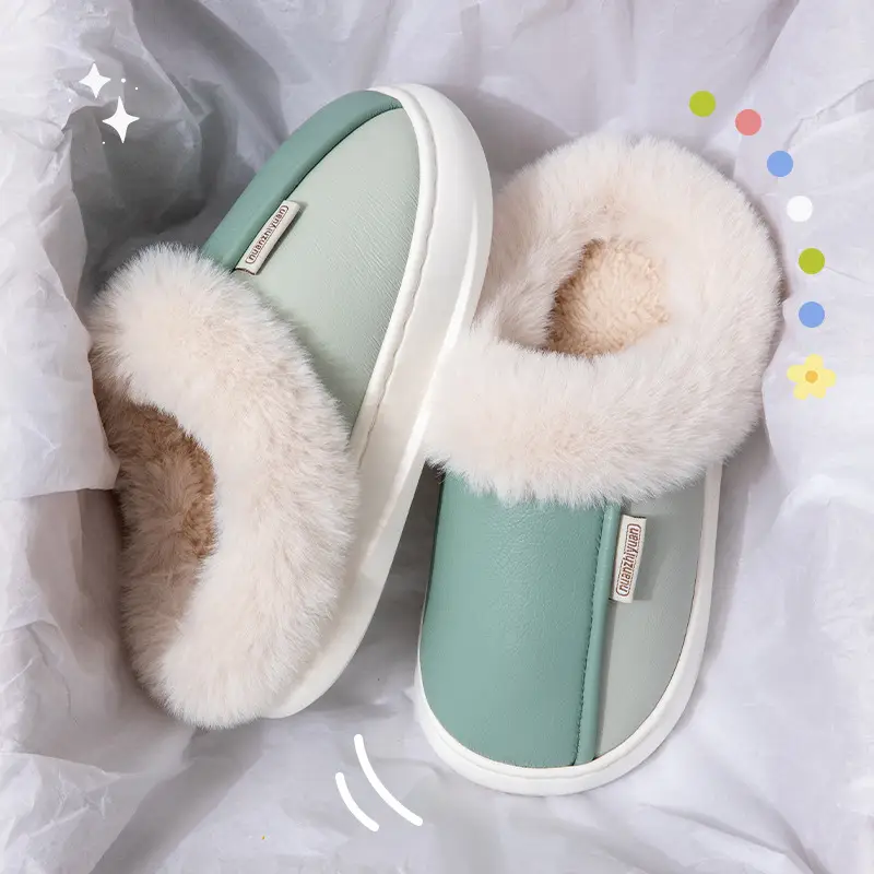 Nanbowan cotton slippers women's winter indoor waterproof PU leather non-slip warm fleece-lined thick furry slippers men - Image 3
