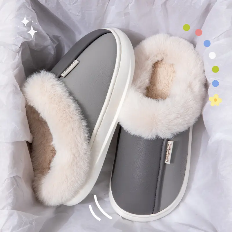 Nanbowan cotton slippers women's winter indoor waterproof PU leather non-slip warm fleece-lined thick furry slippers men - Image 4