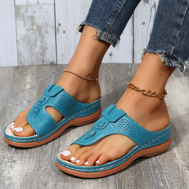 Women Wedge Heel Flip-Flops White Leather Summer Slippers