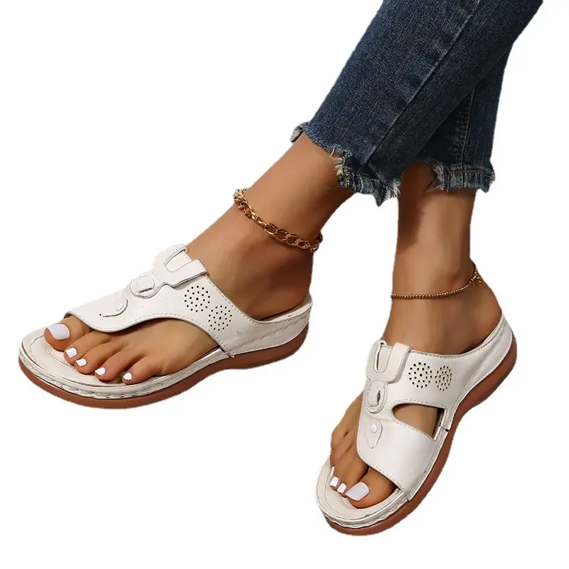 Women Wedge Heel Flip-Flops White Leather Summer Slippers