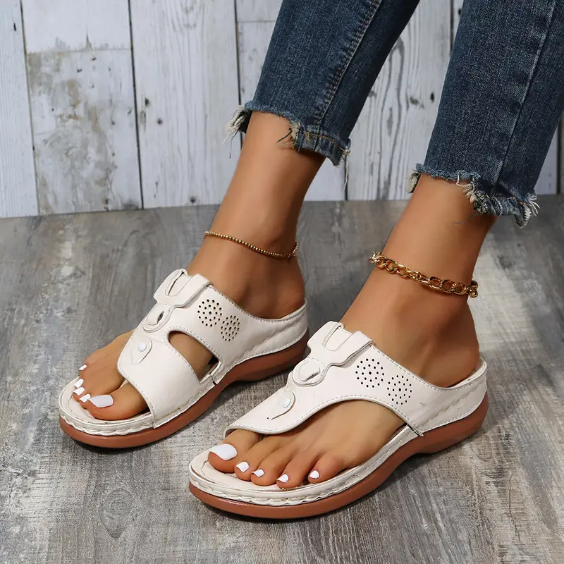 Women Wedge Heel Flip-Flops White Leather Summer Slippers