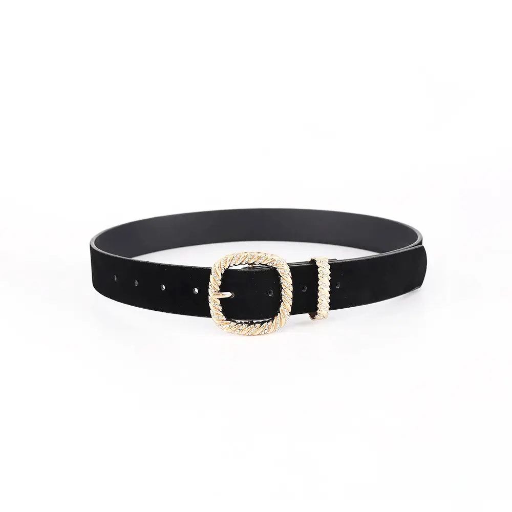 Black Velvet Belt with Gold Rhinestone Buckle