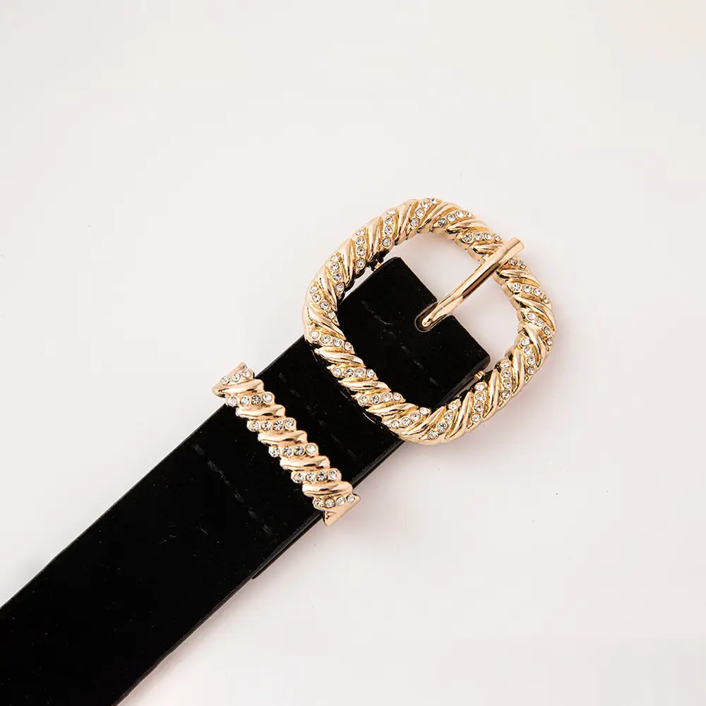 Black Velvet Belt with Gold Rhinestone Buckle
