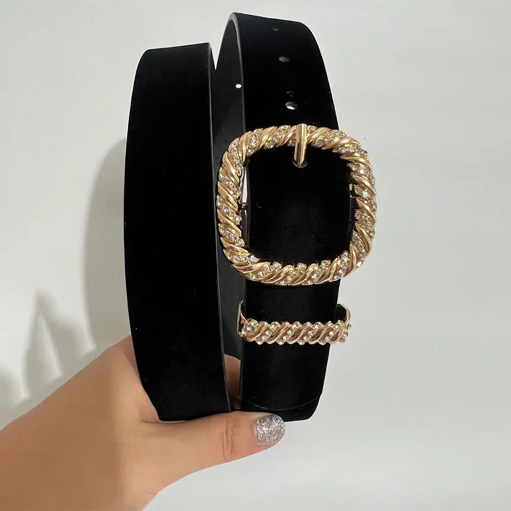 Black Velvet Belt with Gold Rhinestone Buckle — feature 6