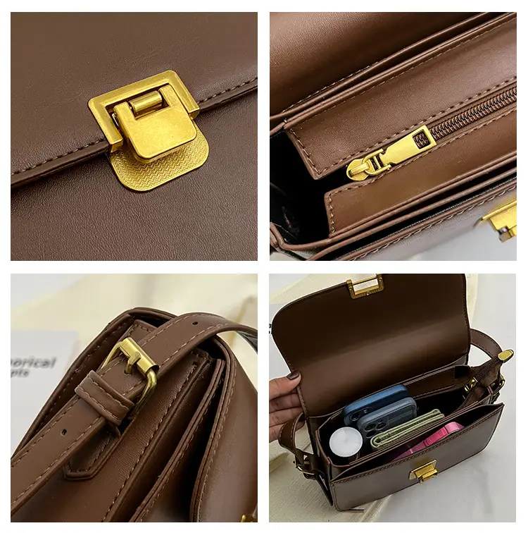 Women's Brown Leather Shoulder Bag with Gold Clasp — feature 7