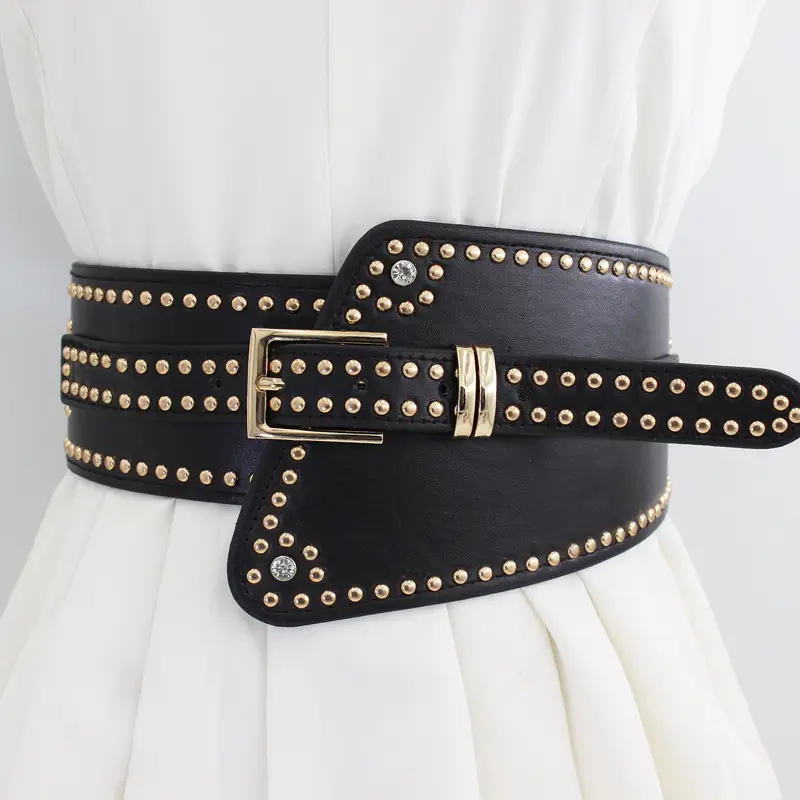 Elastic Waist Belt with Diamond Rivets Black Red White - Image 3