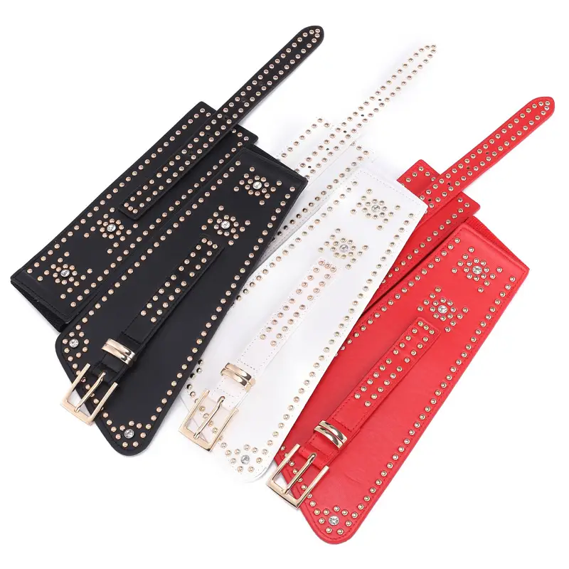 Elastic Waist Belt with Diamond Rivets Black Red White - Image 4