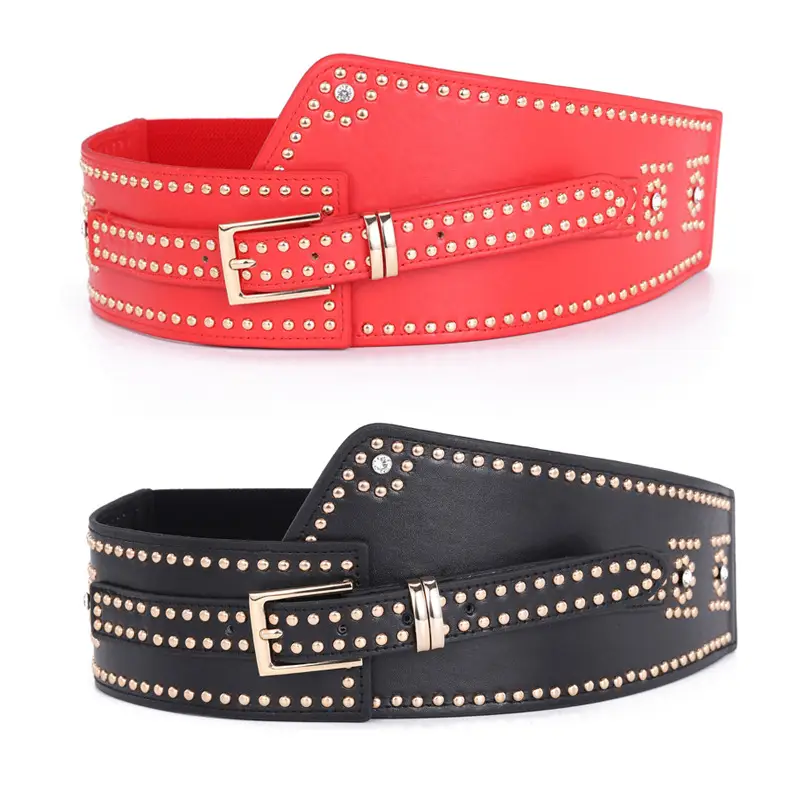 Elastic Waist Belt with Diamond Rivets Black Red White - Image 5