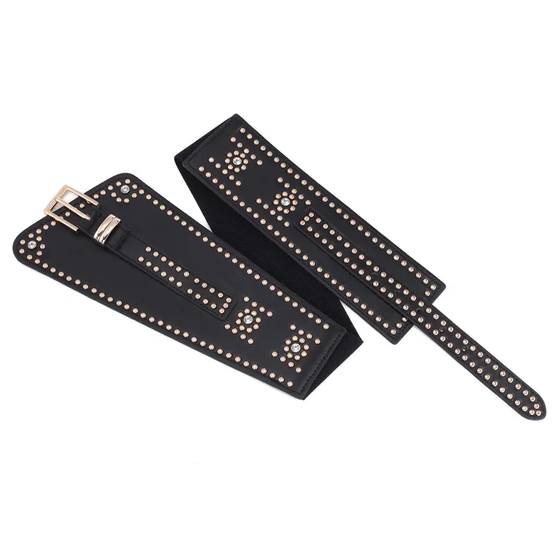 Elastic Waist Belt with Diamond Rivets Black Red White - Image 7