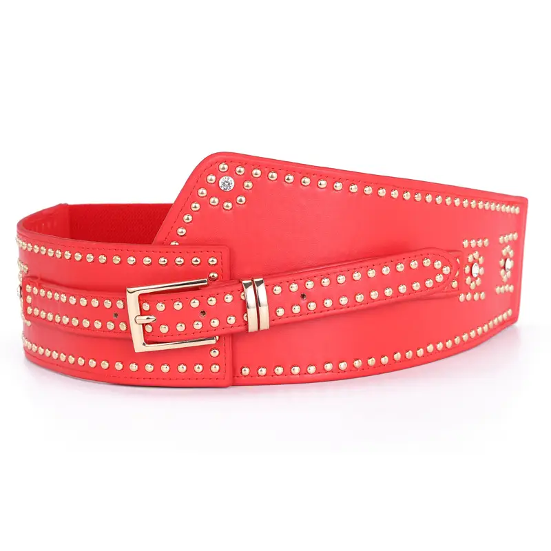 Elastic Waist Belt with Diamond Rivets Black Red White - Image 2