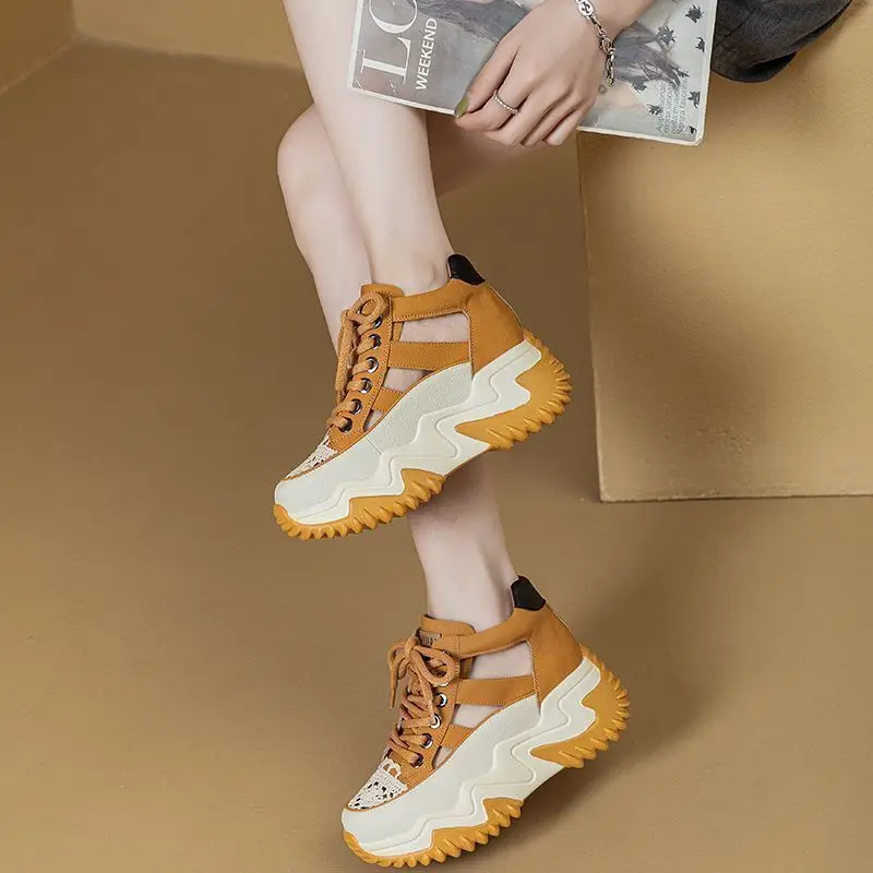 New Lace-Up Thick-Soled Heightening Daddy Shoes for Women 2025 Summer Versatile Fashion Contrasting Color Cut Out Breathable Sports Shoes for Women - Image 6