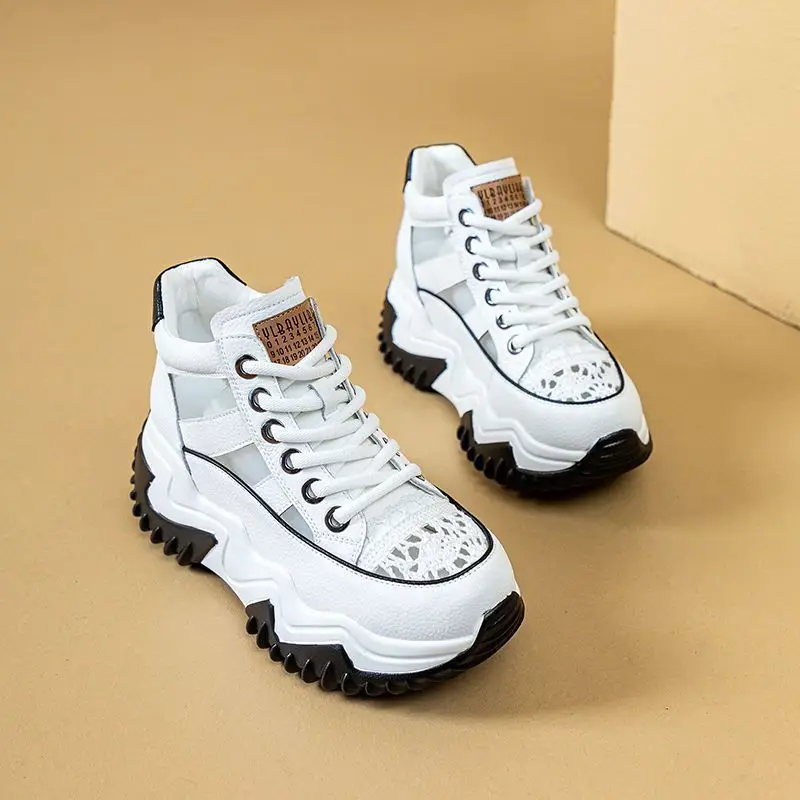 New Lace-Up Thick-Soled Heightening Daddy Shoes for Women 2025 Summer Versatile Fashion Contrasting Color Cut Out Breathable Sports Shoes for Women - Image 3