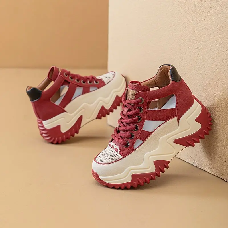 New Lace-Up Thick-Soled Heightening Daddy Shoes for Women 2025 Summer Versatile Fashion Contrasting Color Cut Out Breathable Sports Shoes for Women — feature 12