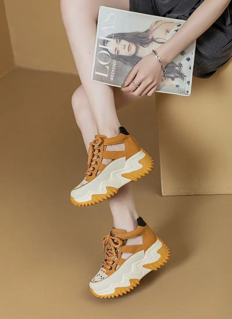 New Lace-Up Thick-Soled Heightening Daddy Shoes for Women 2025 Summer Versatile Fashion Contrasting Color Cut Out Breathable Sports Shoes for Women — feature 2