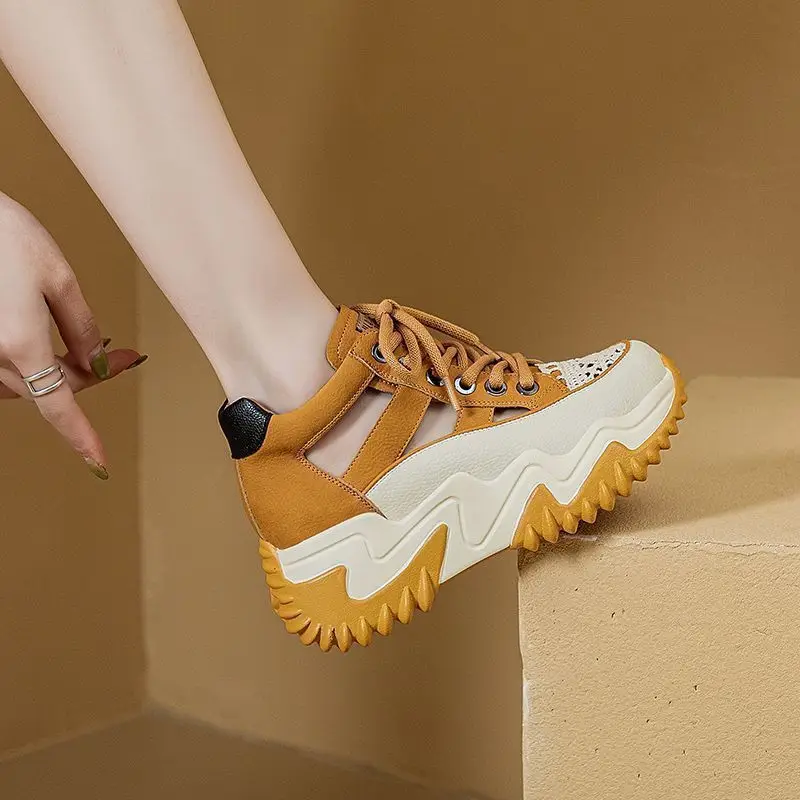 New Lace-Up Thick-Soled Heightening Daddy Shoes for Women 2025 Summer Versatile Fashion Contrasting Color Cut Out Breathable Sports Shoes for Women - Image 2