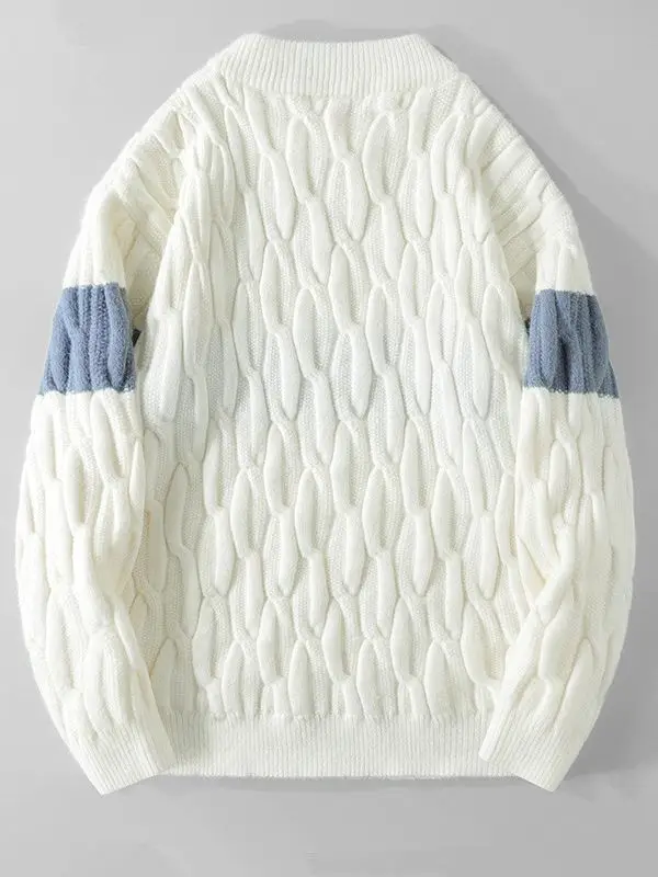 Men's White Cable Knit Pullover Sweater Retro Loose All-match - Image 4