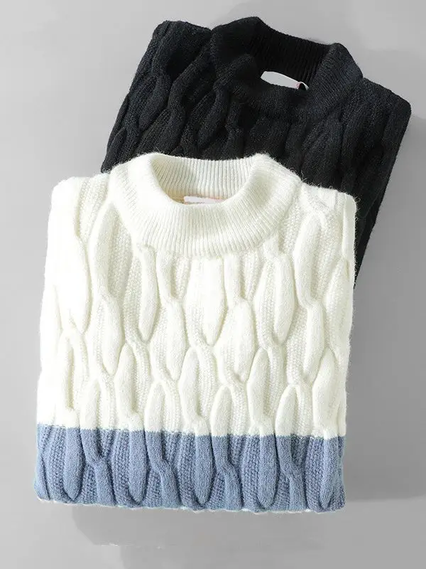 Men's White Cable Knit Pullover Sweater Retro Loose All-match - Image 5