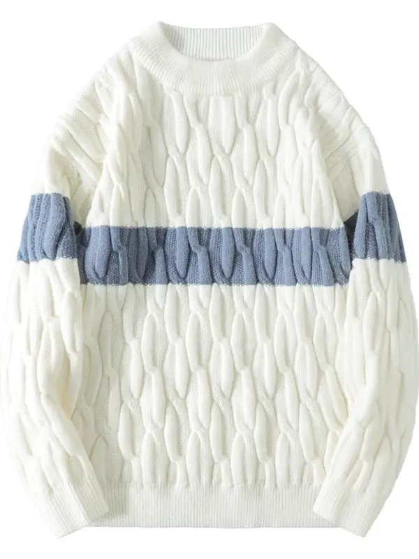 Men's White Cable Knit Pullover Sweater Retro Loose All-match - Image 7