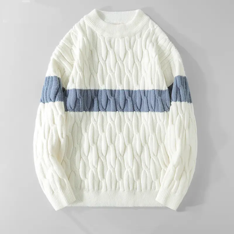 Men's White Cable Knit Pullover Sweater Retro Loose All-match - Image 2