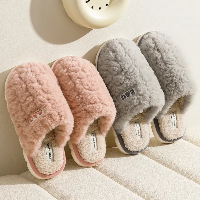 Plush Cotton Slippers for Women, Thick-Soled, Non-Slip, Warm, Breathable Cotton Slippers for Couples, Winter Home Use, Autumn and Winter Wholesale