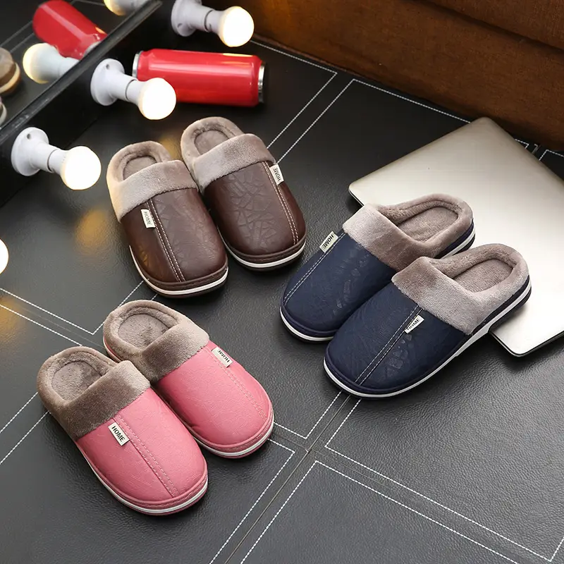 PU leather cotton slippers men's home waterproof thick bottom warm indoor couple winter home woolen slippers women's autumn and winter