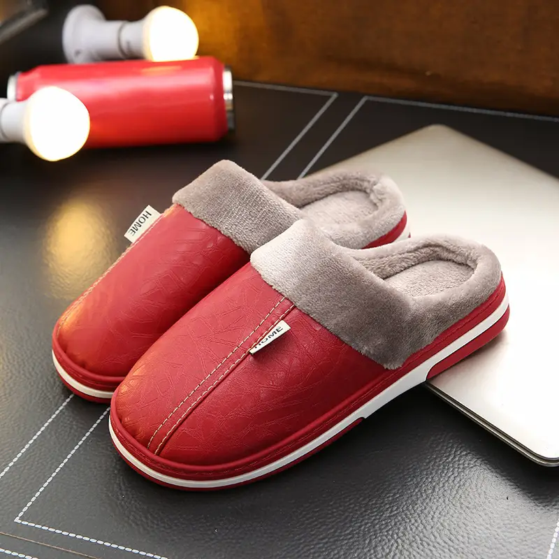 PU leather cotton slippers men's home waterproof thick bottom warm indoor couple winter home woolen slippers women's autumn and winter