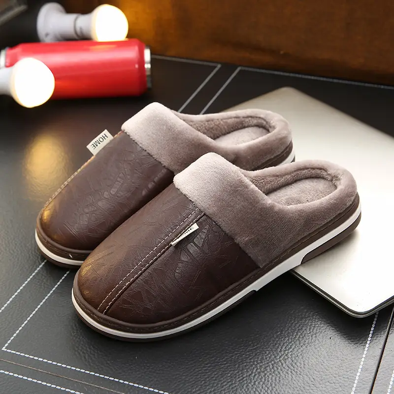 PU leather cotton slippers men's home waterproof thick bottom warm indoor couple winter home woolen slippers women's autumn and winter