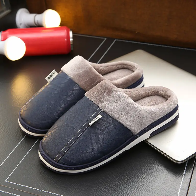 PU leather cotton slippers men's home waterproof thick bottom warm indoor couple winter home woolen slippers women's autumn and winter