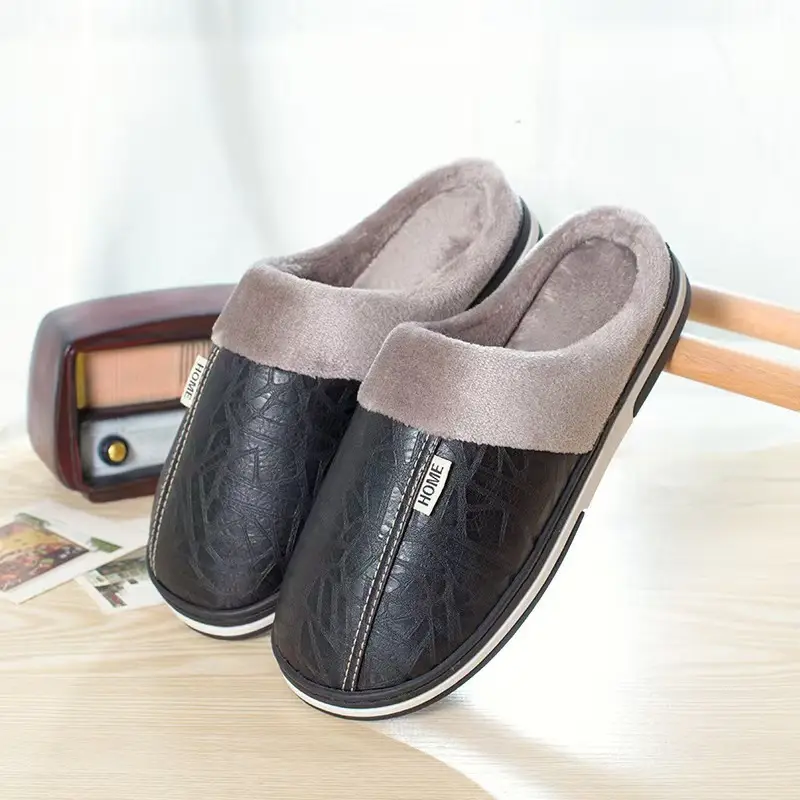 PU leather cotton slippers men's home waterproof thick bottom warm indoor couple winter home woolen slippers women's autumn and winter