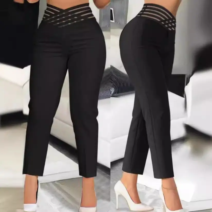 2023 Women's Black Ribbon Belted Hollow Waist Casual Pants