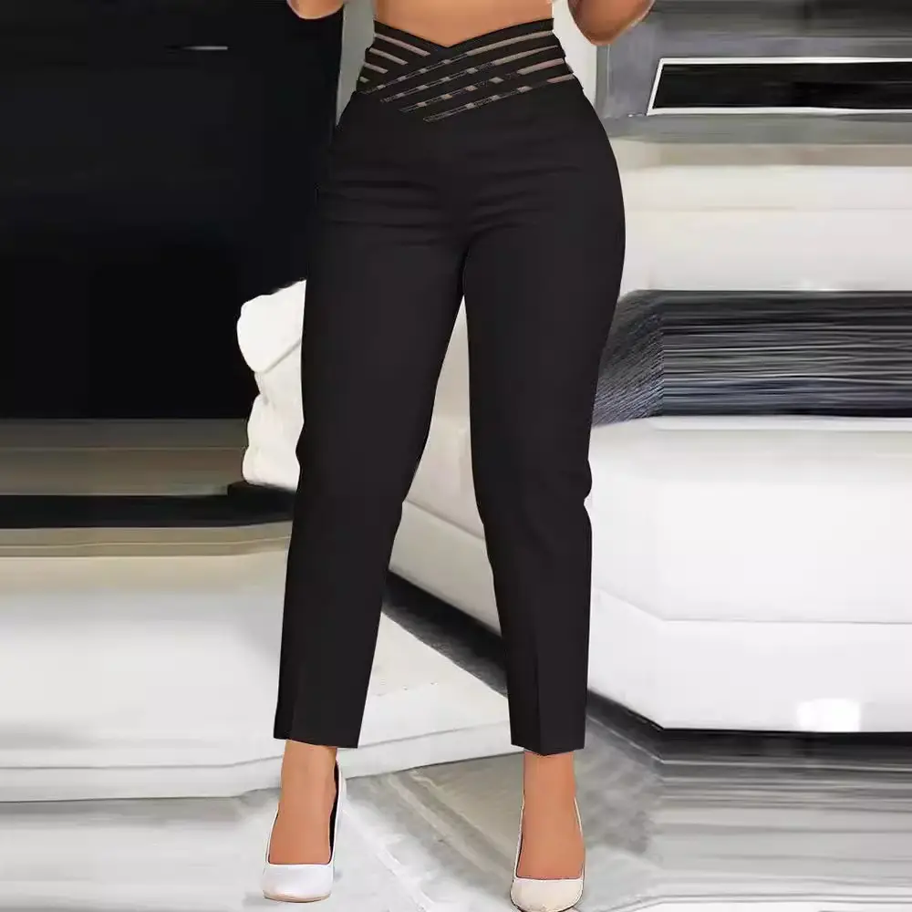 2023 Women's Black Ribbon Belted Hollow Waist Casual Pants