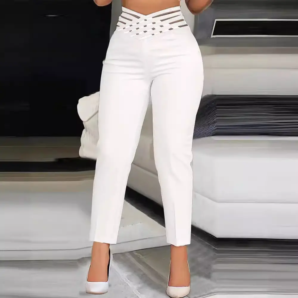 2023 Women's Black Ribbon Belted Hollow Waist Casual Pants