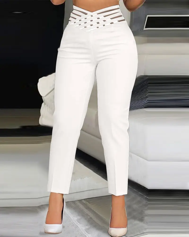 2023 Women's Black Ribbon Belted Hollow Waist Casual Pants — feature 4