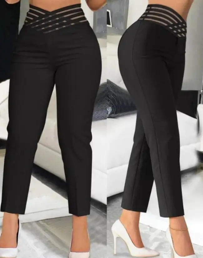 2023 Women's Black Ribbon Belted Hollow Waist Casual Pants