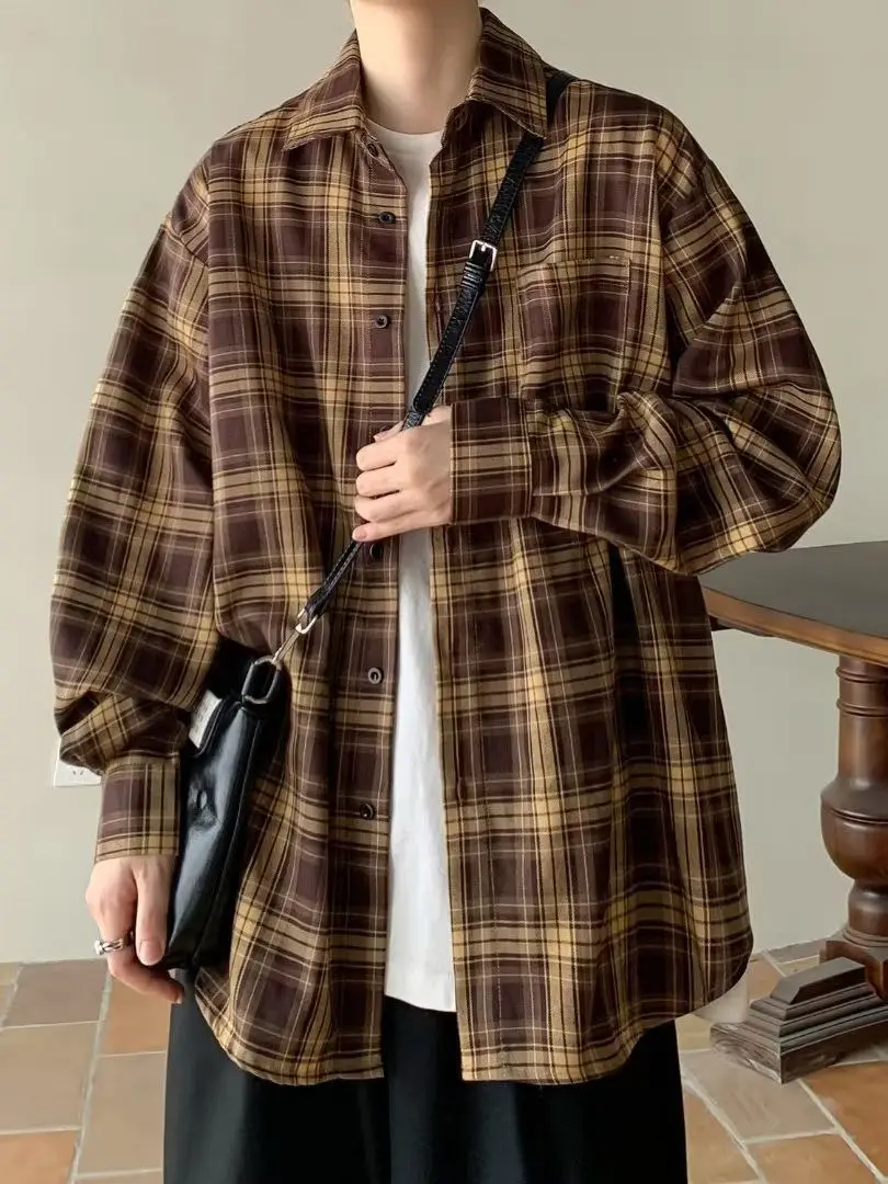 Japanese Plaid Long Sleeve Shirt for Men Spring Autumn - Image 4